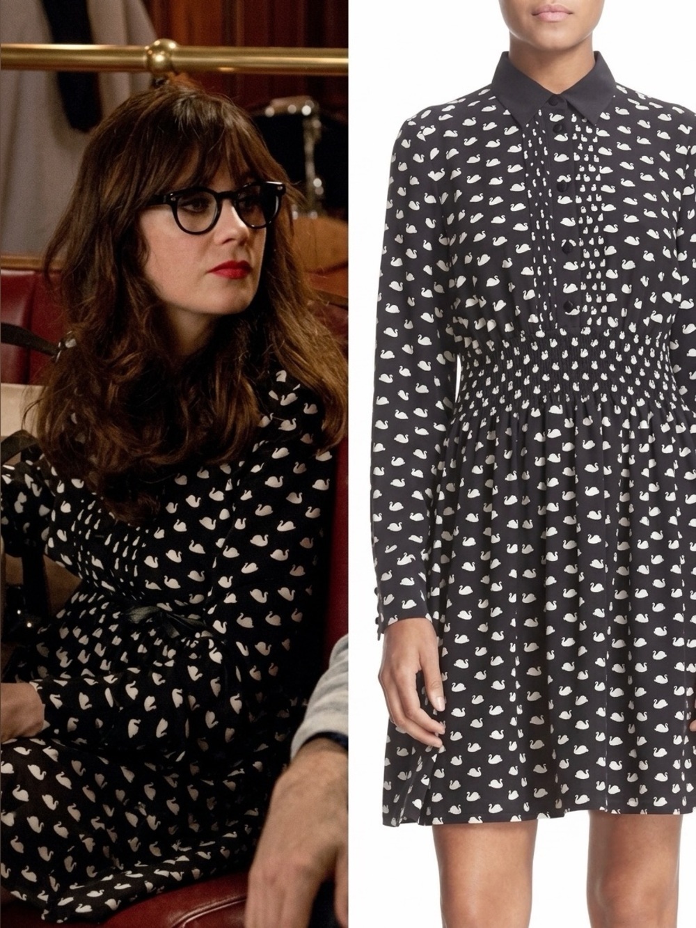KATE SPADE Swan Print Silk Blend Shirtdress Black Size Large - Picture 3 of 16